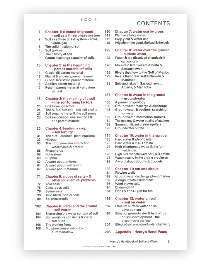 Henry's Handbook of Soil and Water book table of contents